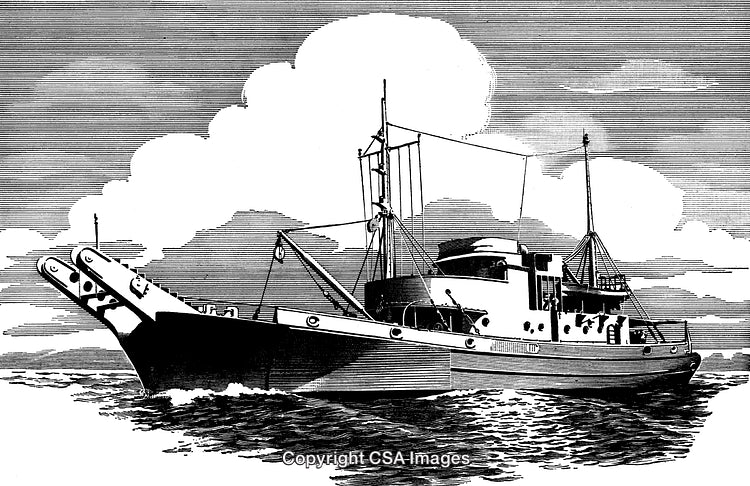 Vintage Engraving of a Fishing Boat on the Ocean Waves