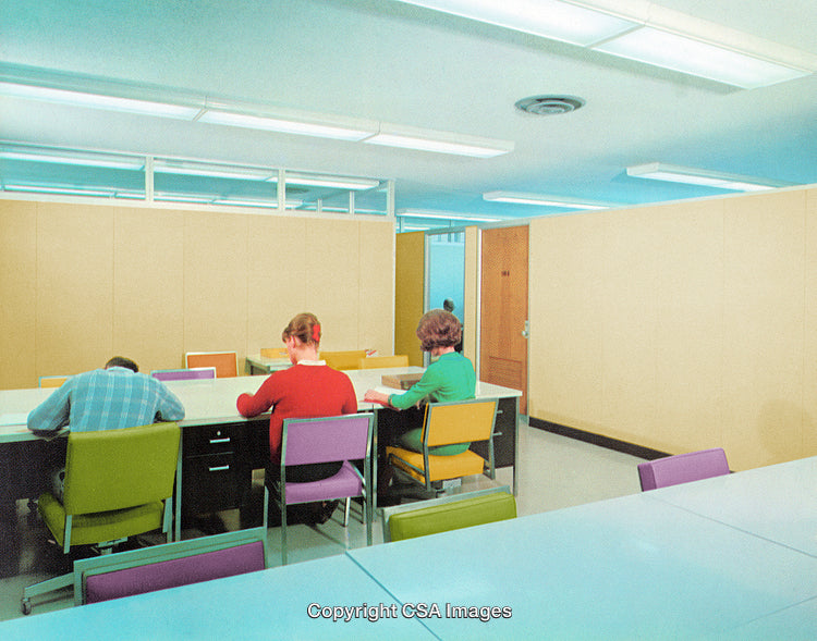 Bright Retro Workspace Featuring Studious People and Vibrant Colors