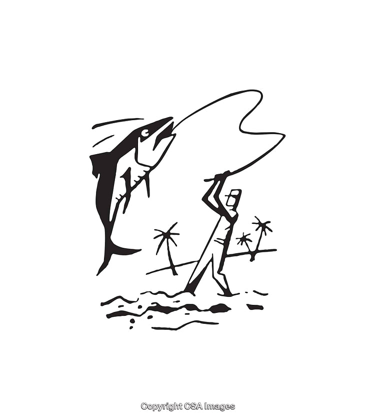 Black and White Line Art of Tropical Fisherman Catching a Marlin