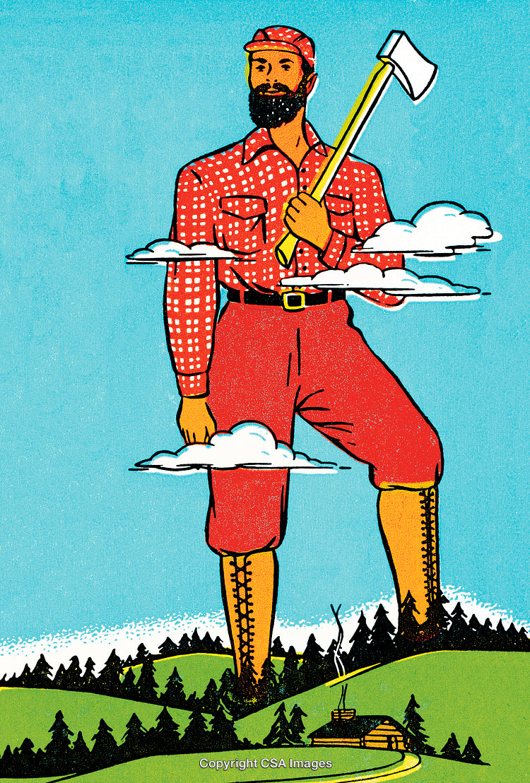 Giant Lumberjack with Axe in Nature Illustration, Mixed Imaginary Style