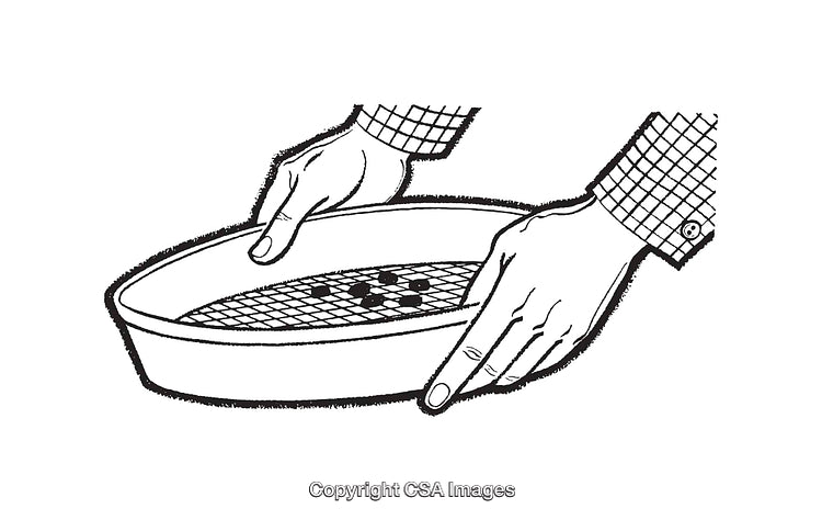Black and White Illustration of Hands Holding a Sieve for Sorting