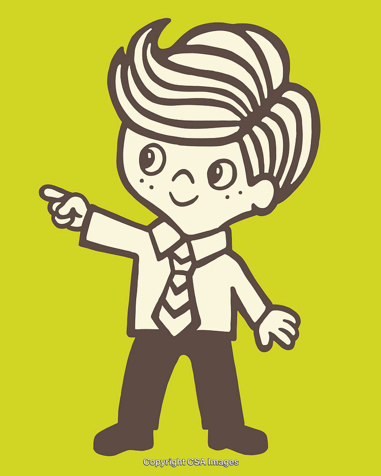 Cartoon Styled Business Boy Pointing with Dynamic Hairstyle and Tie