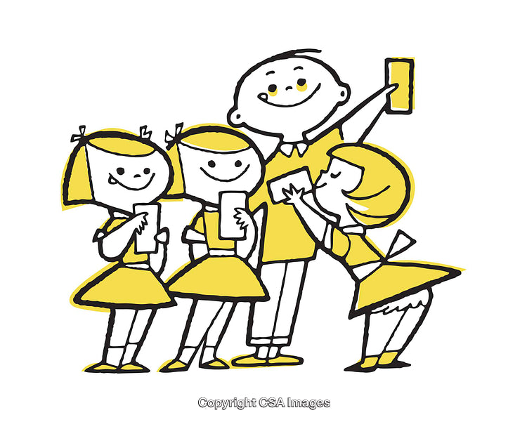 Cheerful Children Holding Devices in a Whimsical Digital Illustration