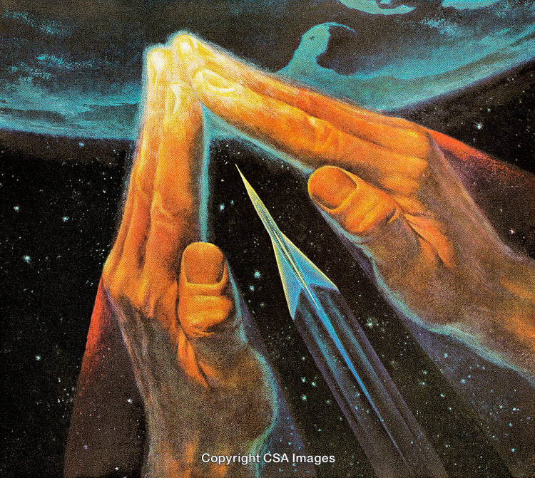 Cosmic Illustration of Hands and Spaceship Near Earth in Mystical Style