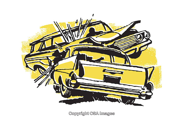Retro Illustration of a Dynamic Car Collision Scene in Bold Colors