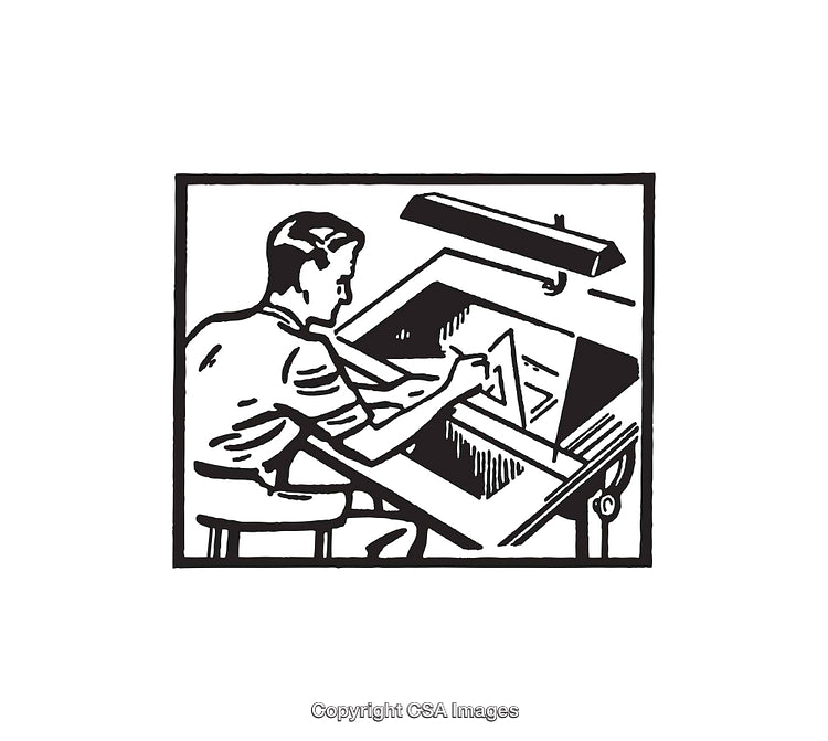 Black and White Illustration of a Draftsman at a Drawing Desk