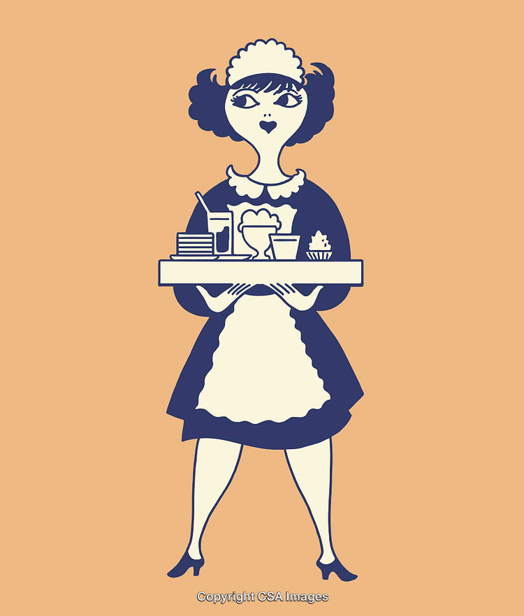 Vintage Style Illustration of a Waitress Carrying a Serving Tray