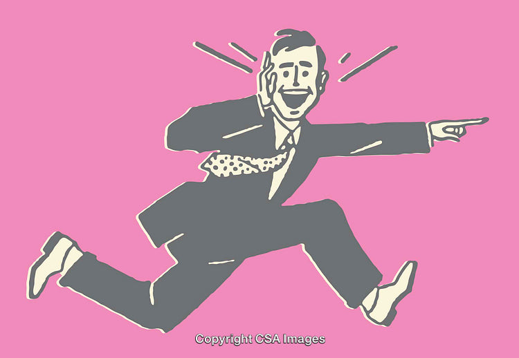 Excited Retro Businessman Illustration in Vibrant Pink Background