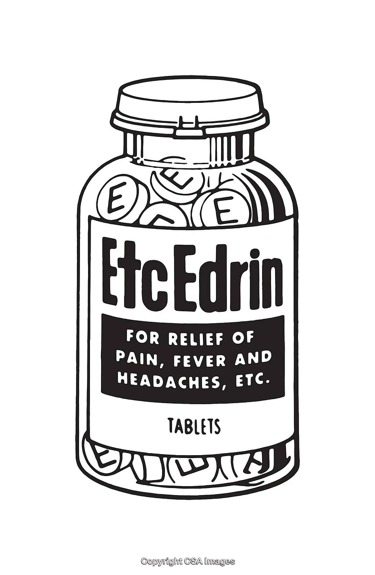 Black and White Line Art of Medicine Bottle with Text