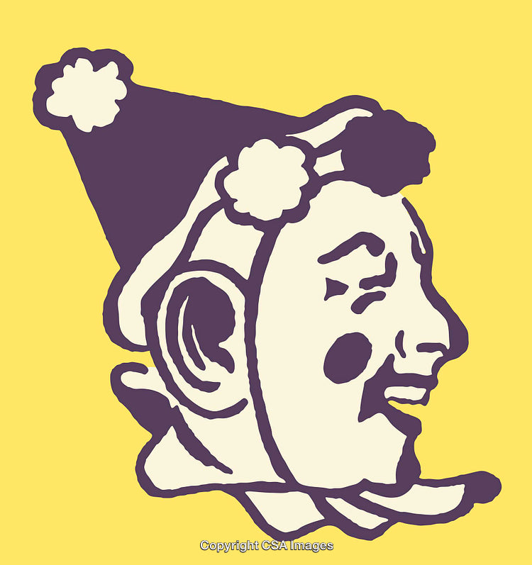 Vintage Line Art Illustration of Smiling Carnival Clown on Yellow Background