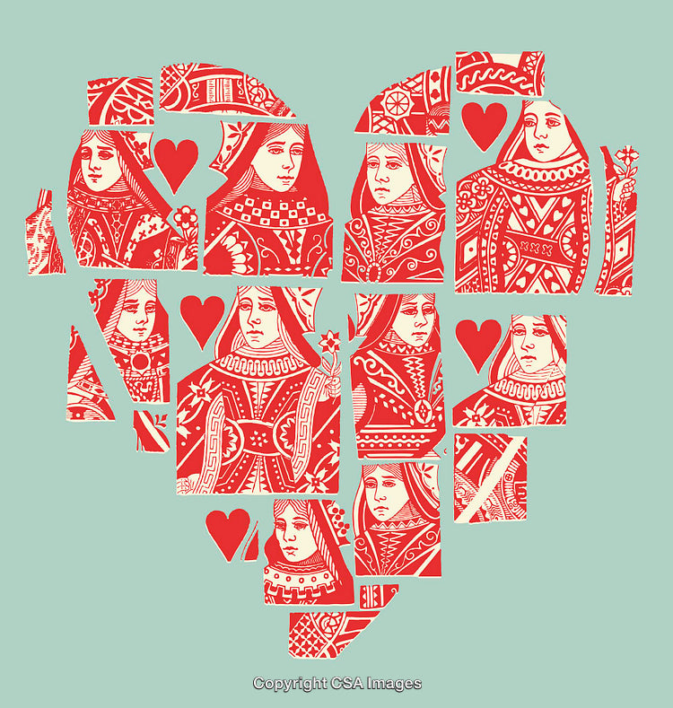 Red Queen Cards Arranged into Heart Shape on Green Background