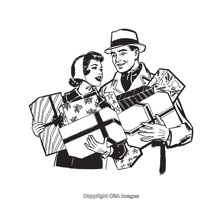 Retro Illustration of a Couple Holding Holiday Presents in Black and White
