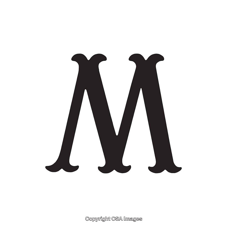 Stylized Black Letter M on White Background in Serifs Font