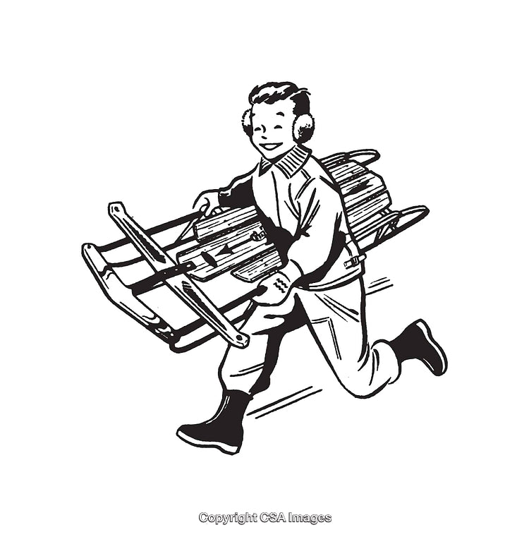 Vintage Illustration of a Boy Carrying a Sled in Black and White