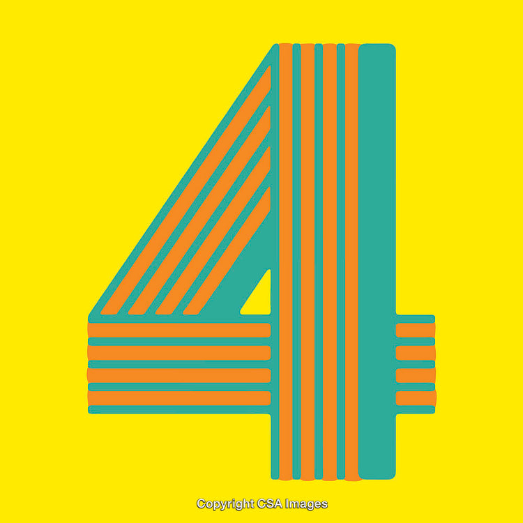 Vibrant Number Four in Bold Striped Design on Yellow Background