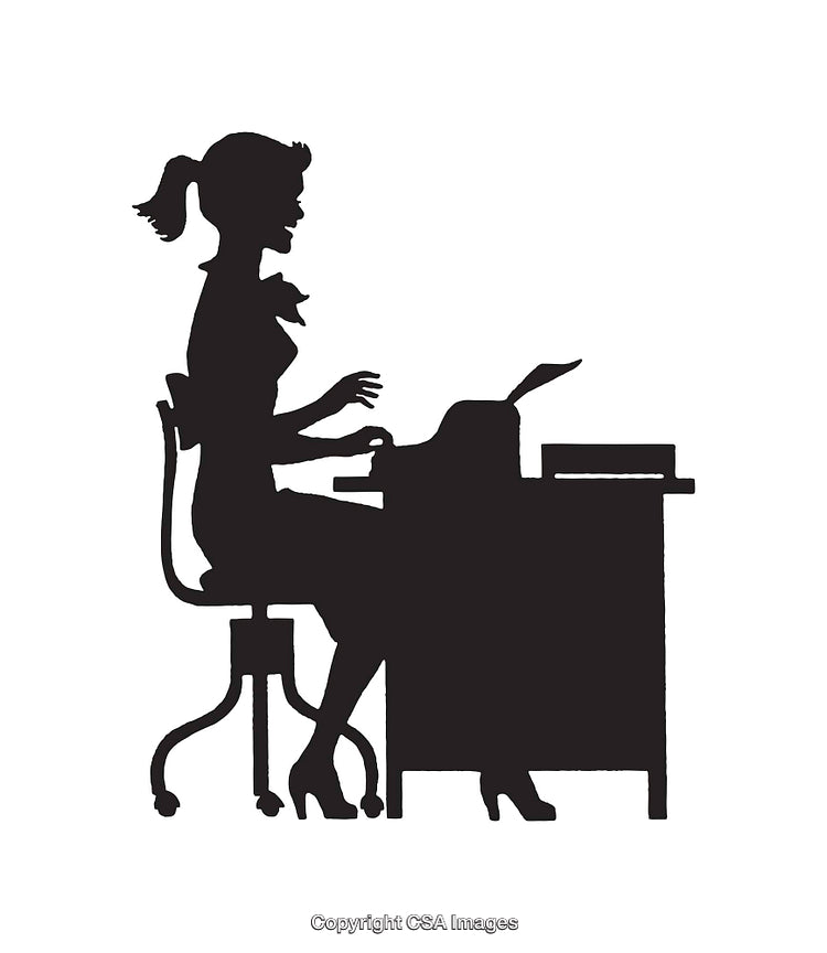 Silhouette of a Woman Typing on a Typewriter at a Desk