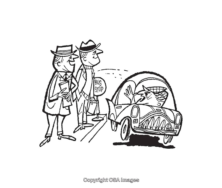 Illustrated Scene of Two Men at a Bus Stop Observing a Passing Car