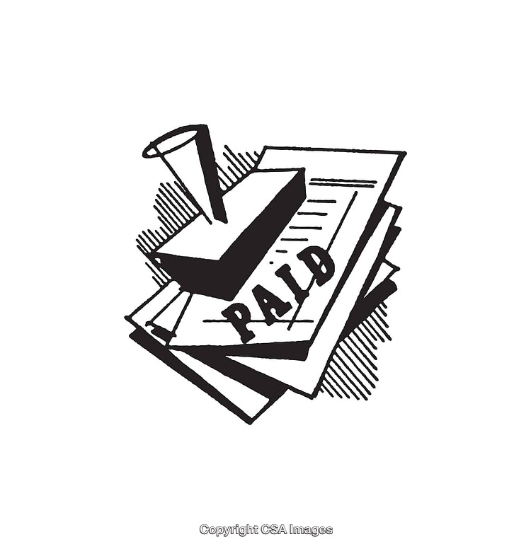 Black and White Illustration of Paid Stamp Over Documents