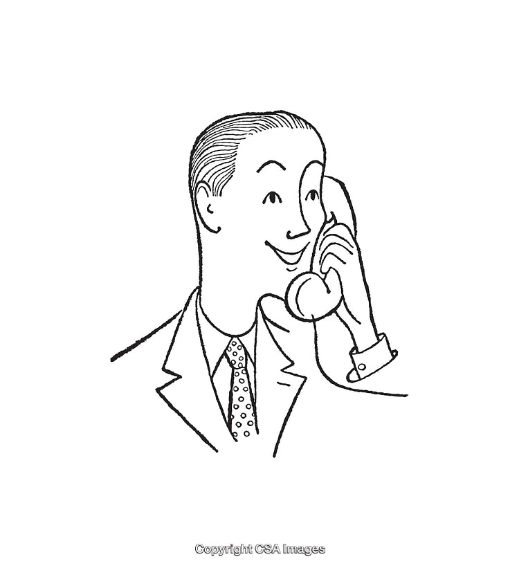 Black And White Line Art of a Smiling Man Using a Telephone