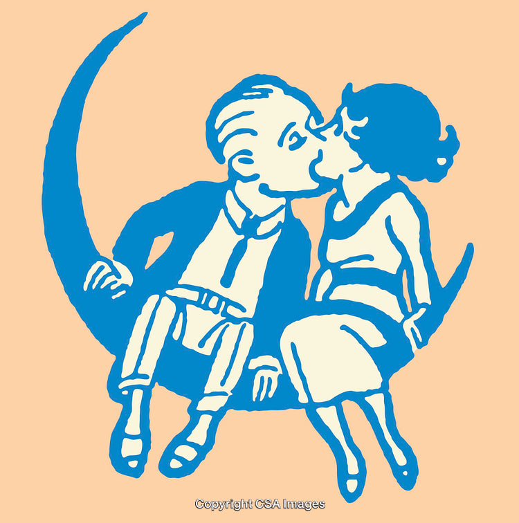 Vintage Illustration of a Romantic Couple Sitting on a Crescent Moon