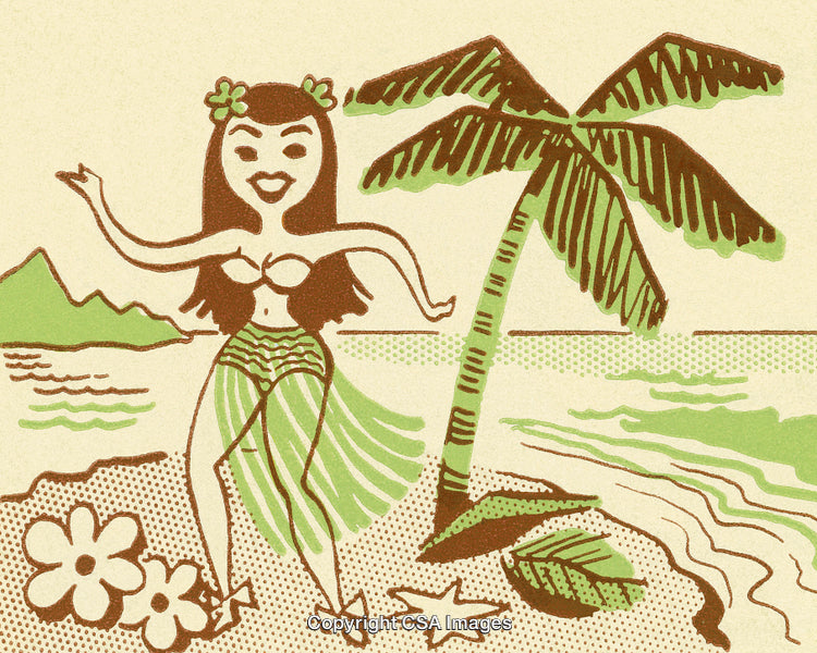 Vintage Illustration of a Hula Dancer in a Tropical Seaside Setting
