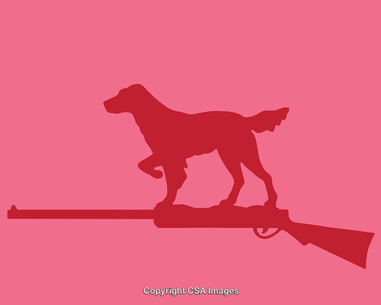 Silhouette of a Dog Standing on a Rifle with Pink Background