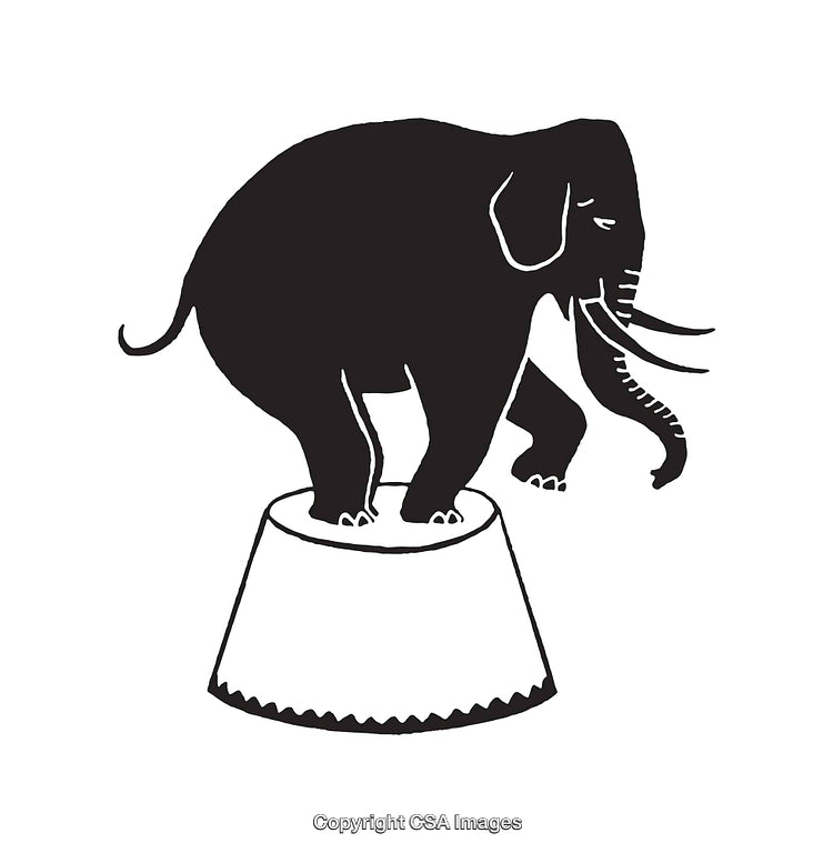 Black and White Line Art of Elephant Performing on a Pedestal