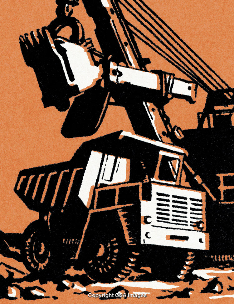 Industrial Artwork Featuring Construction Equipment and a Dump Truck