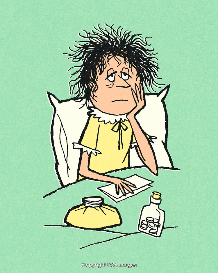 Unwell Woman Relaxing in Bed with Medicine and Hot Water Bottle