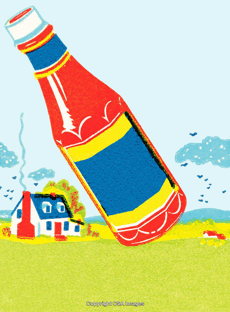 Illustration of a Ketchup Bottle Flying Over a Countryside House