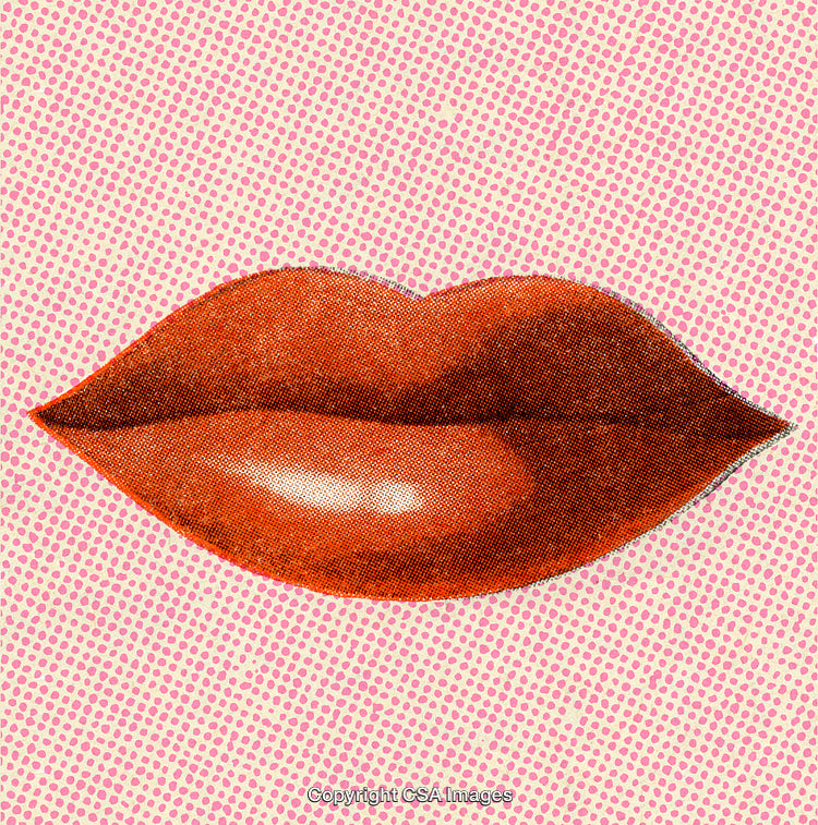 Pop Art Style Illustration of Red Lips on a Pink Polka Dot Background