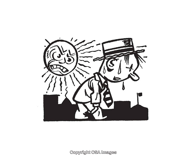 Black and White Comic Style Illustration of a Man Under a Hot Sun