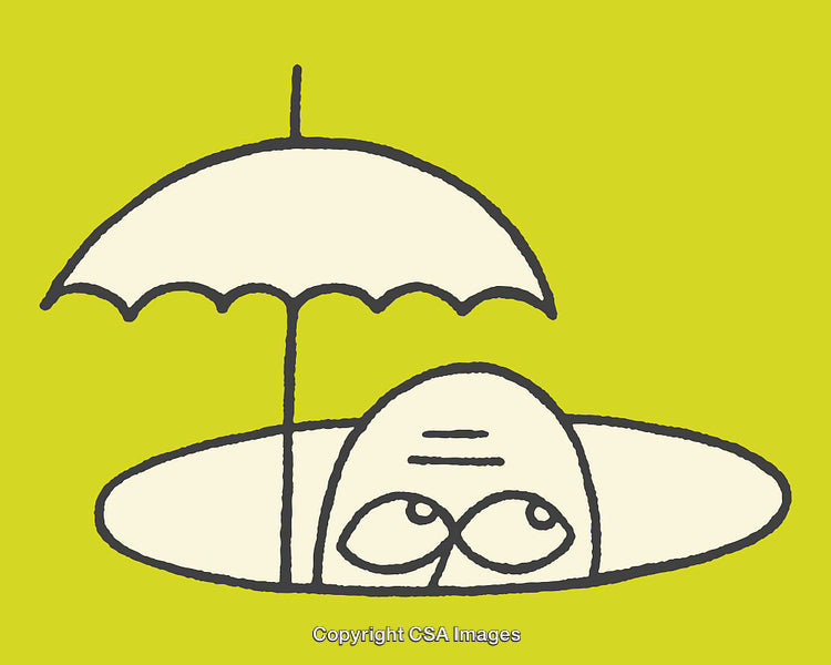 Whimsical Illustration of a Shy Character Under a Simple Beach Umbrella