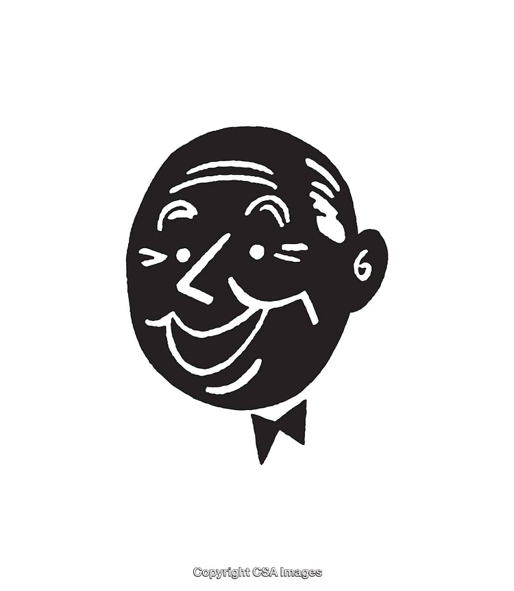 Black and White Line Art Illustration of a Smiling Face with Bow Tie