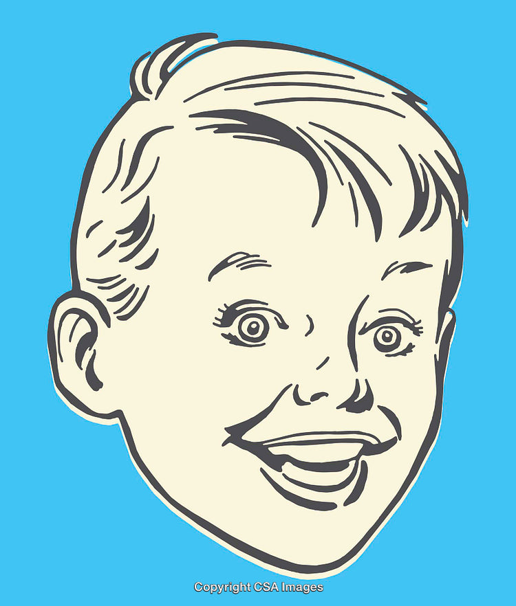 Vintage Illustration of a Cheerful Boy's Face on a Blue Background