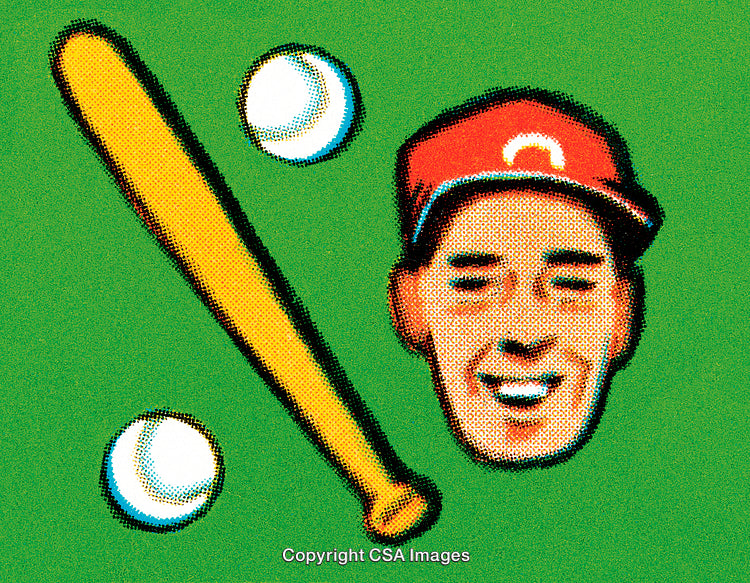 Colorful Baseball Illustration Featuring Bat, Balls, and Smiling Player Face