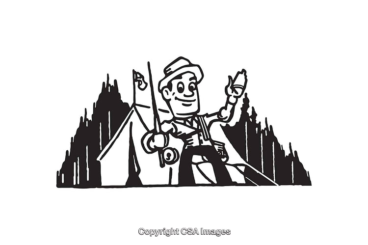 Black and White Line Art of Happy Fisherman at Campsite