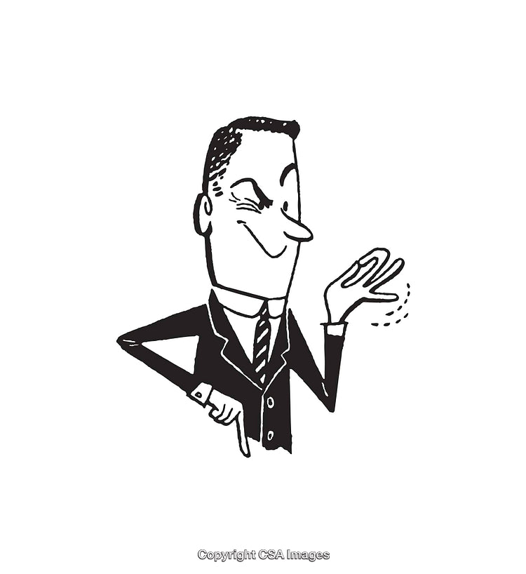 Cartoon Businessman Smiling and Gesturing Confidently in Black and White
