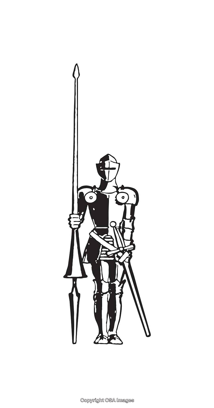 Black and White Illustration of an Armored Knight Holding Spear and Sword