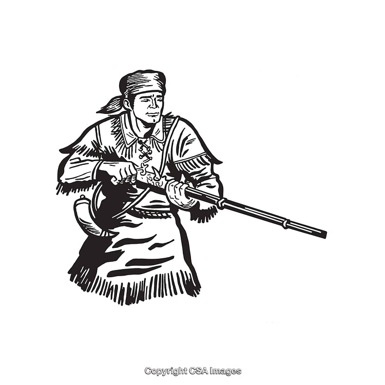 Black And White Line Art of a Pioneer Holding a Musket Rifle