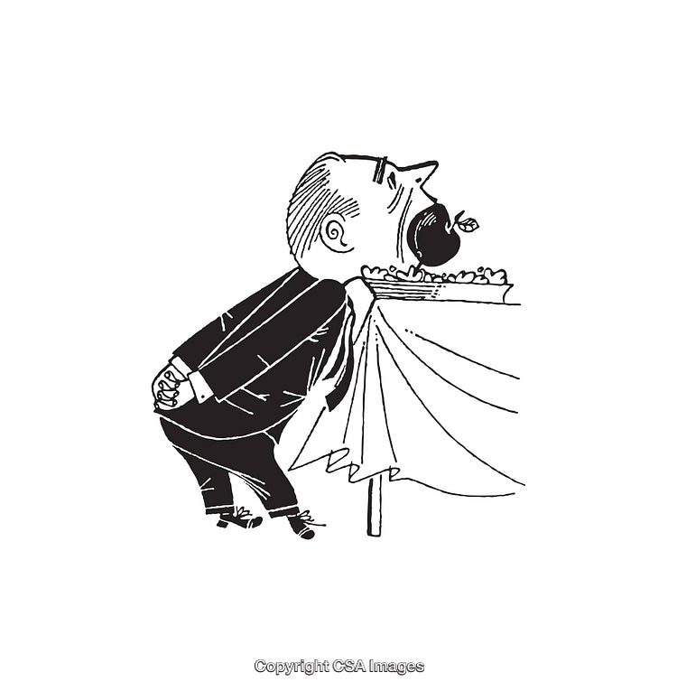 Cartoon Businessman Engaging in Unique Pie Eating Challenge Line Art Drawing