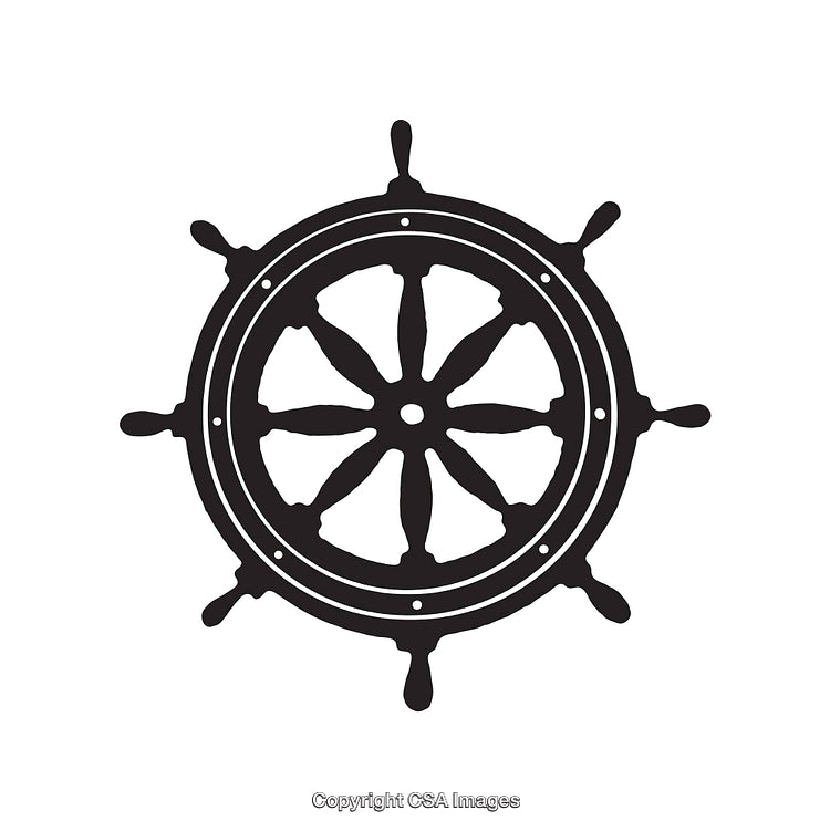 Black and White Nautical Ship Wheel Silhouette Icon for Maritime Themes