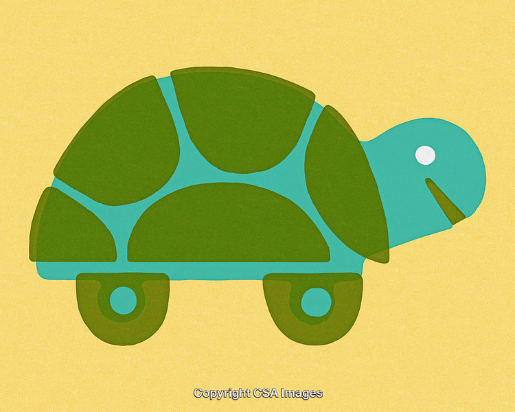 Illustration of a Cartoon Turtle with Wheels in a Minimalist Style