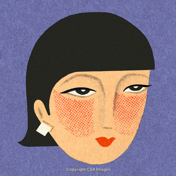 Stylized Portrait of a Woman with Rosy Cheeks and Red Lips
