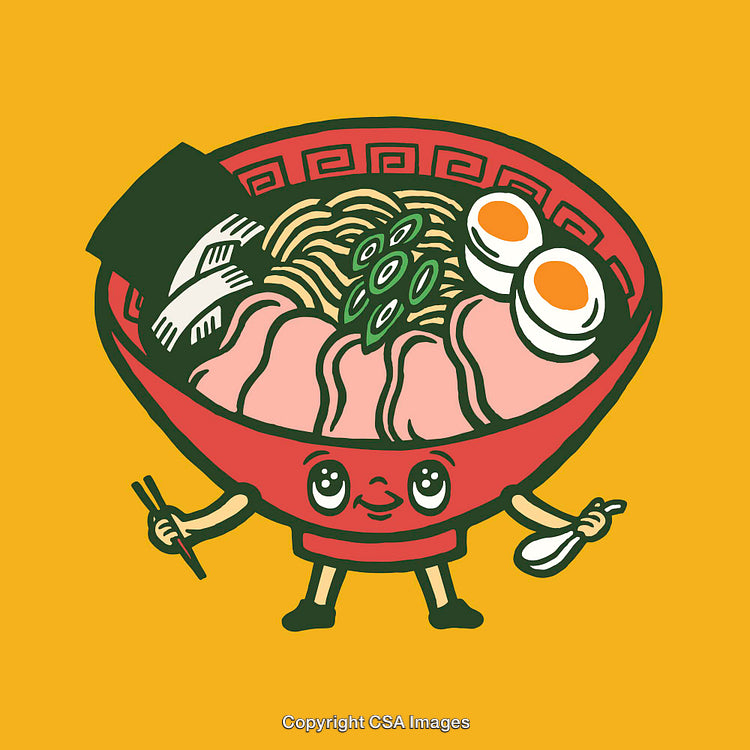 Adorable Ramen Bowl Cartoon Illustration with Chopsticks and Food Ingredients