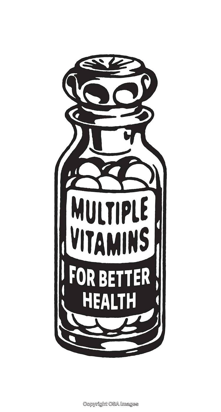 Black and White Illustration of a Multipurpose Vitamin Bottle for Better Health