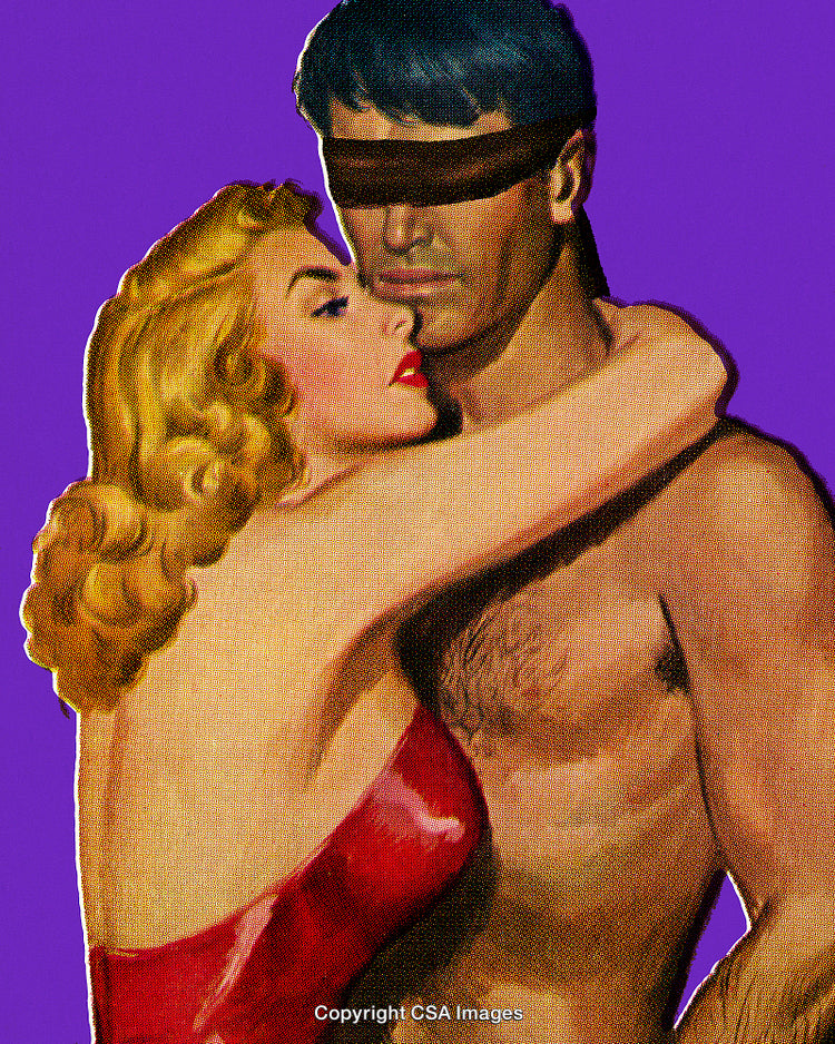Vintage Couple Embracing With A Mysterious Romantic Theme On Solid Purple Background