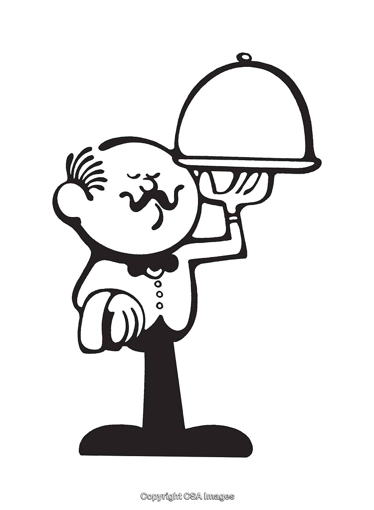 Black and White Line Art Illustration of a Waiter with Service Tray