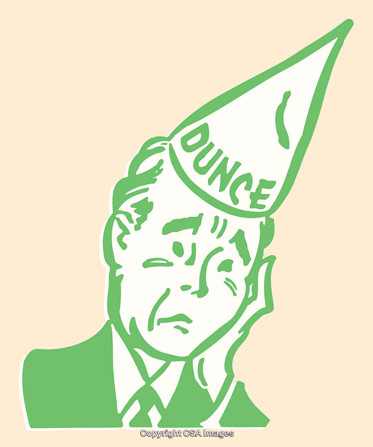 Vintage Line Art Illustration of a Man with a Dunce Cap