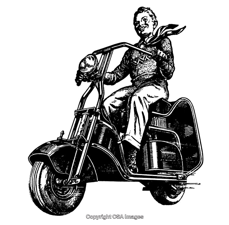 Vintage Engraved Illustration of a Youth Riding a Scooter